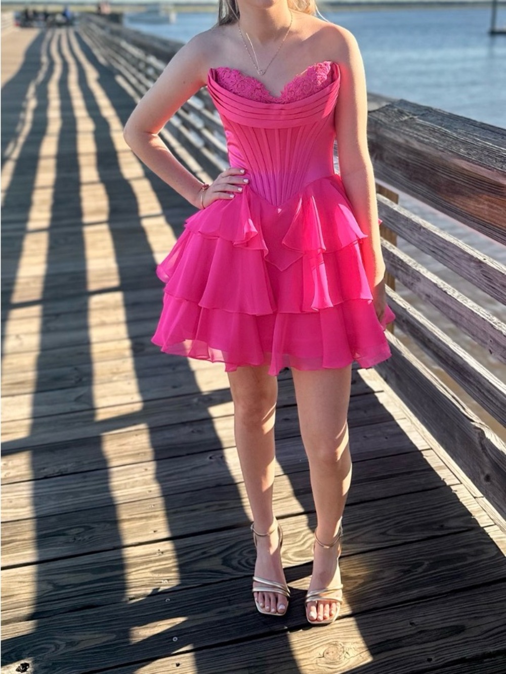 Sherri Hill Hot Pink Strapless Ruffle Mini Dress